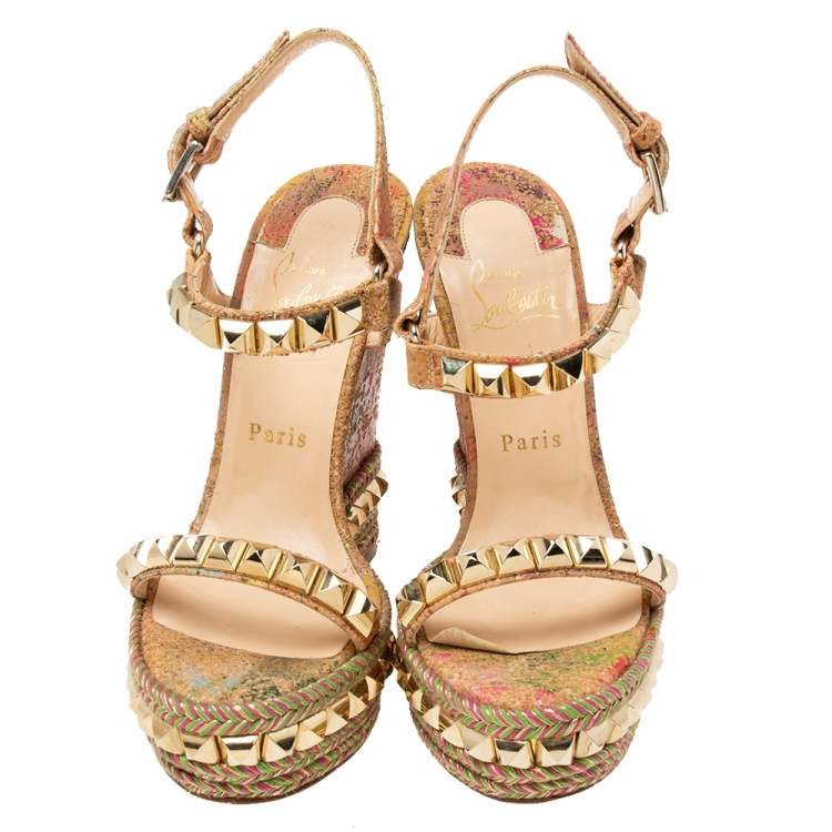 Pre Owned Christian Louboutin Multicolor Nubuck Leather Studded  Cataclou Espadrille  Sandals Size 37 