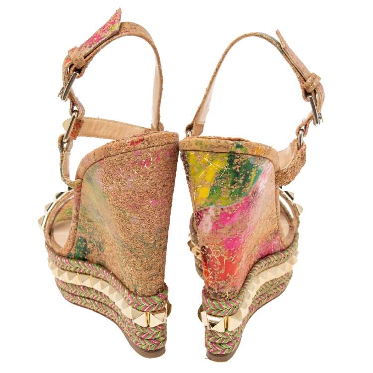Pre Owned Christian Louboutin Multicolor Nubuck Leather Studded  Cataclou Espadrille  Sandals Size 37 