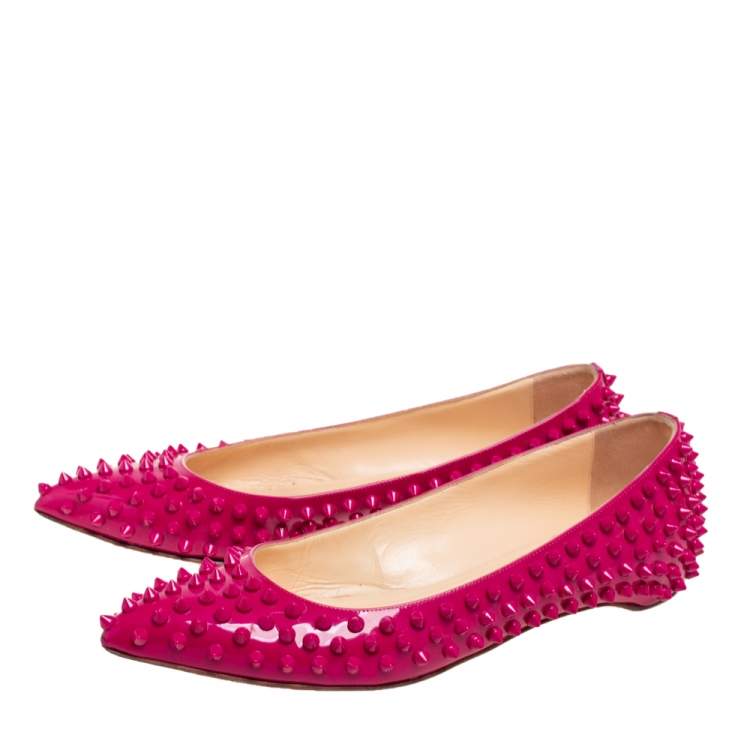 Pre Owned Christian Louboutin Hot Pink Patent Leather Pigalle Spikes Ballet Flats Size 38