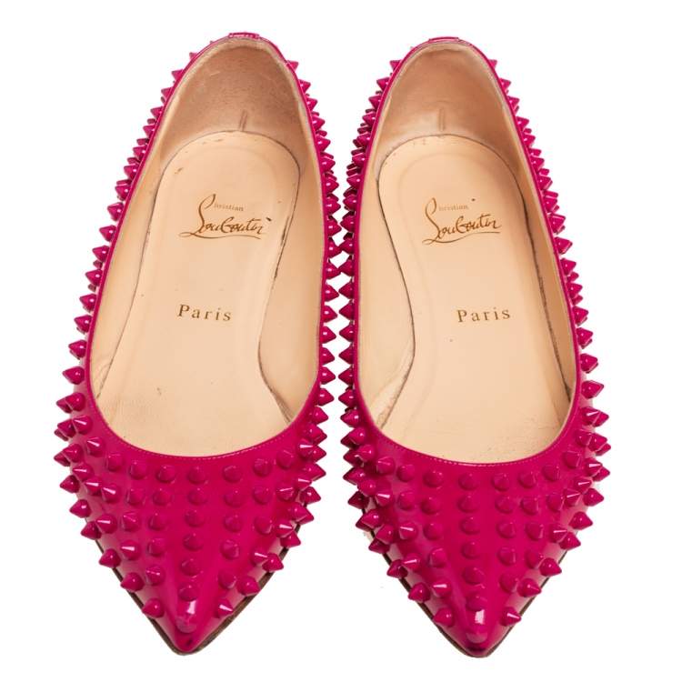 Pre Owned Christian Louboutin Hot Pink Patent Leather Pigalle Spikes Ballet Flats Size 38