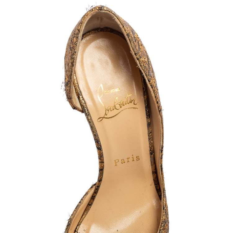 Pre Owned Christian Louboutin Gold Brocade Fabric Iriza Pumps Size 36.5