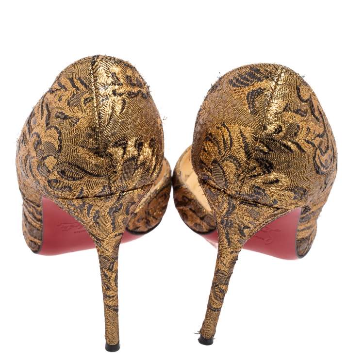 Pre Owned Christian Louboutin Gold Brocade Fabric Iriza Pumps Size 36.5
