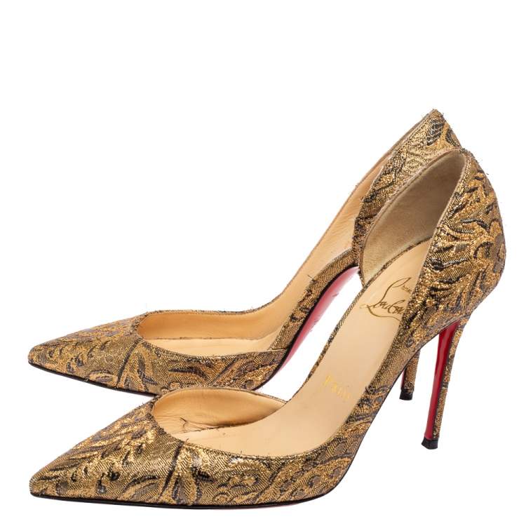 Pre Owned Christian Louboutin Gold Brocade Fabric Iriza Pumps Size 36.5