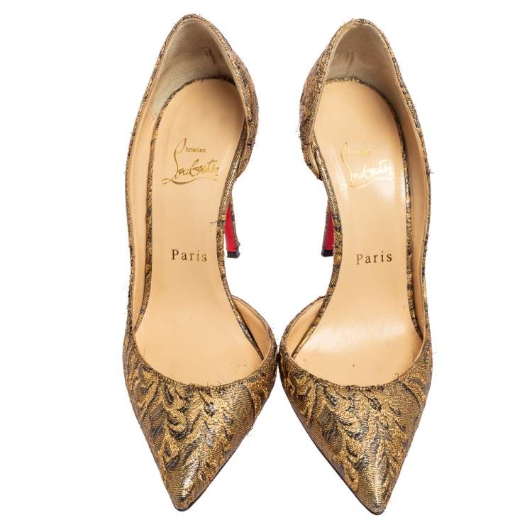 Pre Owned Christian Louboutin Gold Brocade Fabric Iriza Pumps Size 36.5