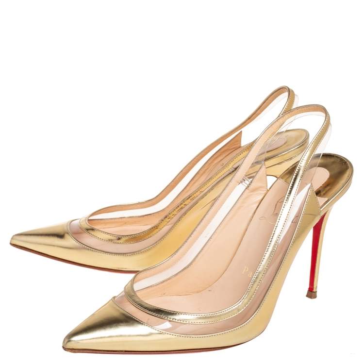 Pre Owned Christian Louboutin Gold Leather and PVC Paulina Slingback Pumps Size 37.5
