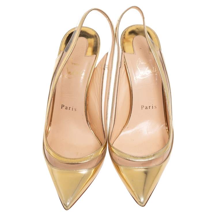 Pre Owned Christian Louboutin Gold Leather and PVC Paulina Slingback Pumps Size 37.5
