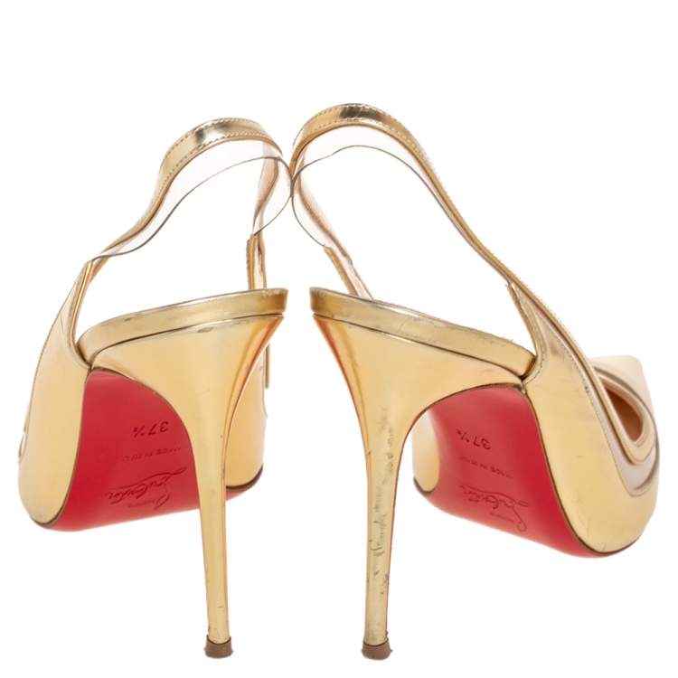 Pre Owned Christian Louboutin Gold Leather and PVC Paulina Slingback Pumps Size 37.5
