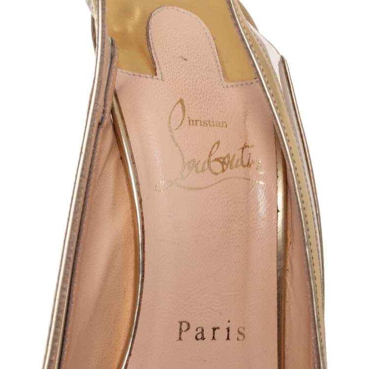 Pre Owned Christian Louboutin Gold Leather and PVC Paulina Slingback Pumps Size 37.5
