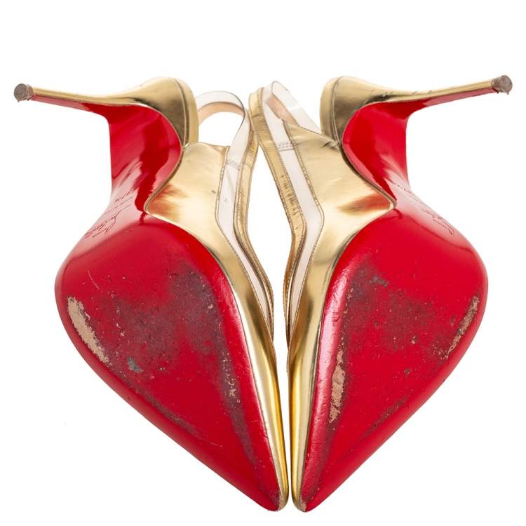 Pre Owned Christian Louboutin Gold Leather and PVC Paulina Slingback Pumps Size 37.5