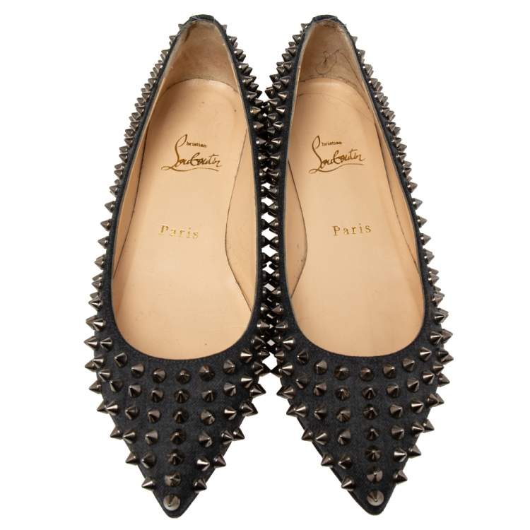 Pre Owned Christian Louboutin Black Canvas Pigalle Spike Ballet Flats Size 37
