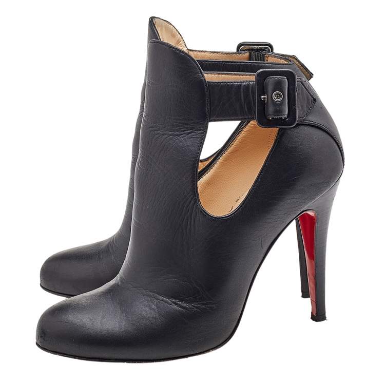 Pre Owned Christian Louboutin Black Leather Cut-Out Ankle Booties Size 36.5