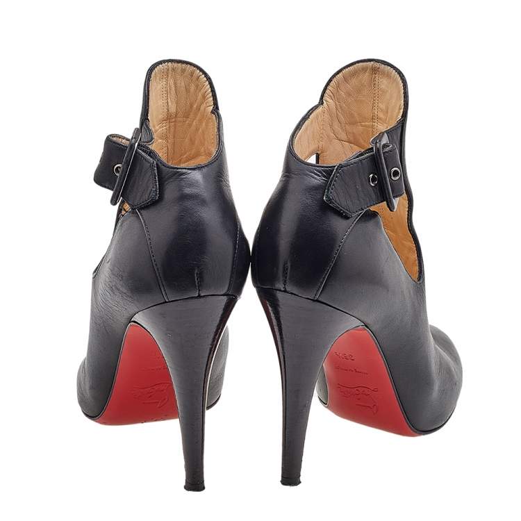 Pre Owned Christian Louboutin Black Leather Cut-Out Ankle Booties Size 36.5