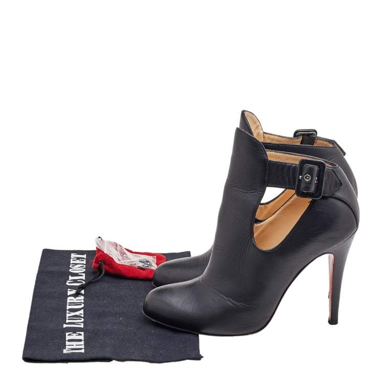 Pre Owned Christian Louboutin Black Leather Cut-Out Ankle Booties Size 36.5