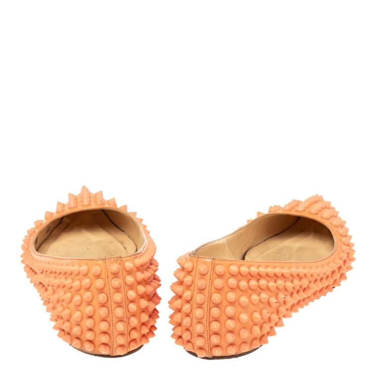 Pre Owned Christian Louboutin Orange Leather Spiked Ballet Flats Size 35.5