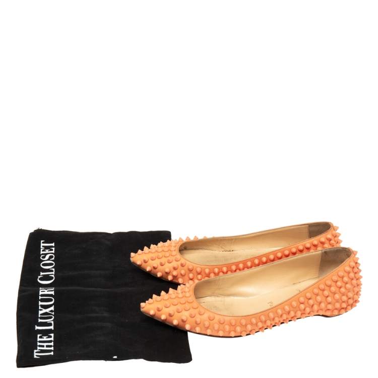 Pre Owned Christian Louboutin Orange Leather Spiked Ballet Flats Size 35.5