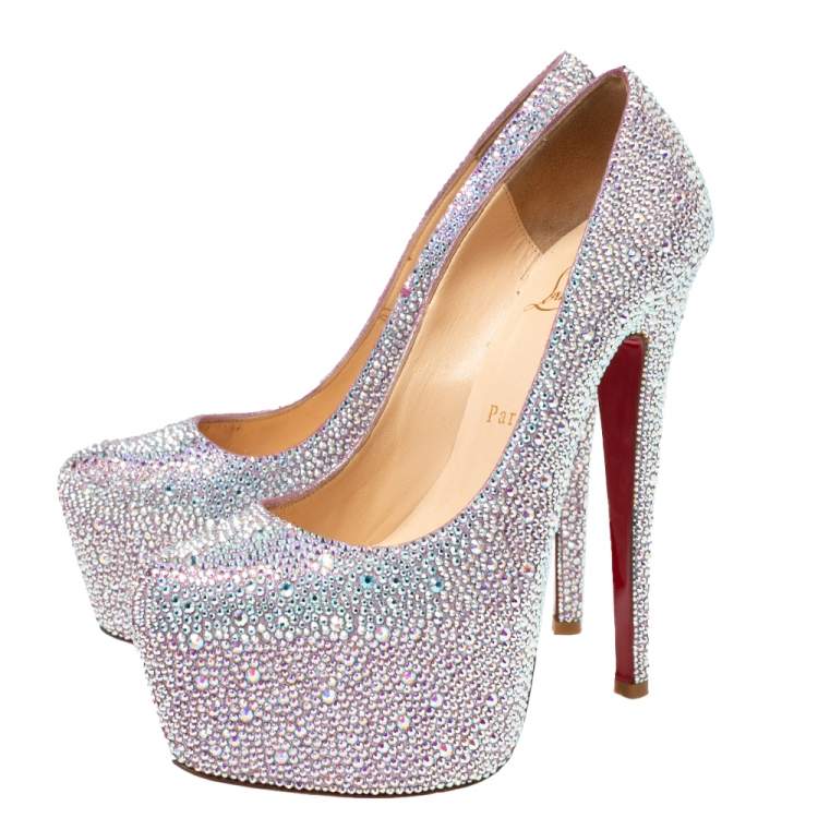 Pre Owned Christian Louboutin Pink/Silver Crystal Embellished Suede Daffodile Platform Pumps Size 37