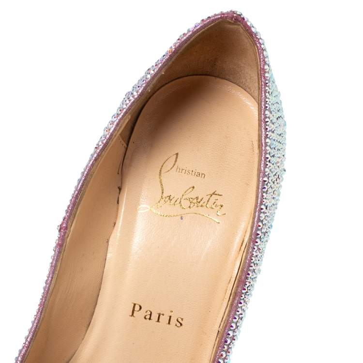 Pre Owned Christian Louboutin Pink/Silver Crystal Embellished Suede Daffodile Platform Pumps Size 37