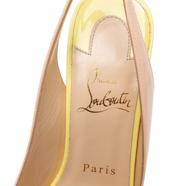 Pre Owned Christian Louboutin Beige/Green Patent Leather Lady Peep-Toe Slingback Pumps Size 37