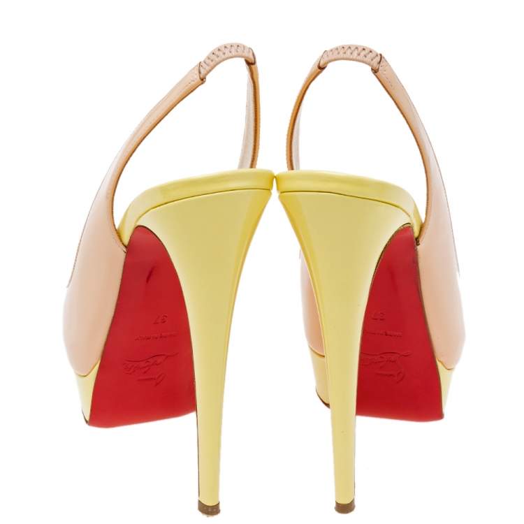 Pre Owned Christian Louboutin Beige/Green Patent Leather Lady Peep-Toe Slingback Pumps Size 37