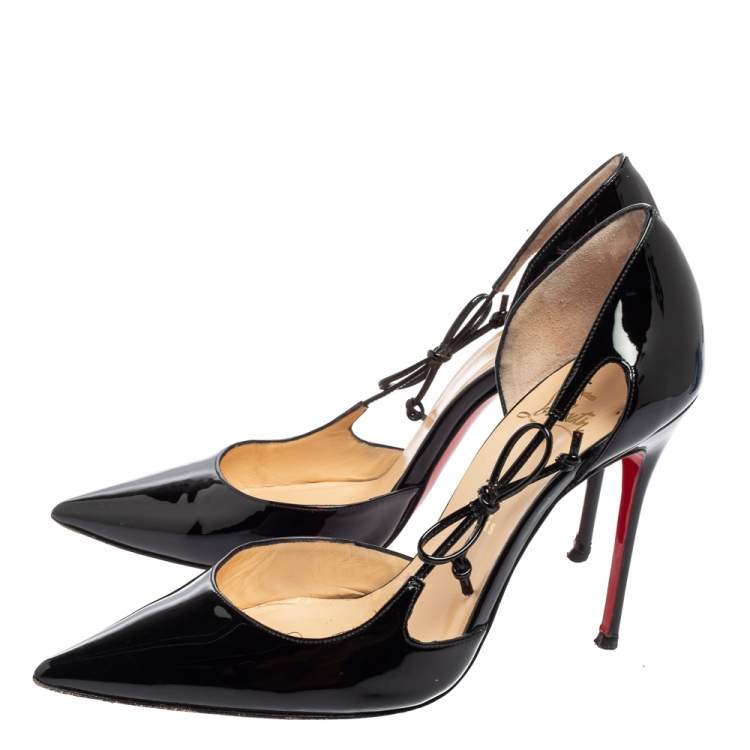 Pre Owned Christian Louboutin Black Patent Leather Bow D'orsay Pointed-Toe Pumps Size 37.5
