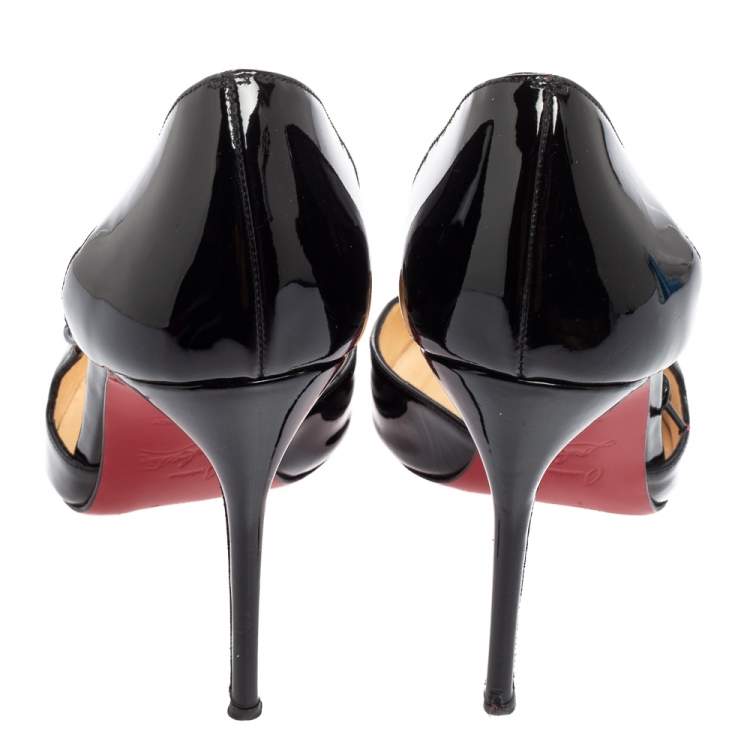 Pre Owned Christian Louboutin Black Patent Leather Bow D'orsay Pointed-Toe Pumps Size 37.5
