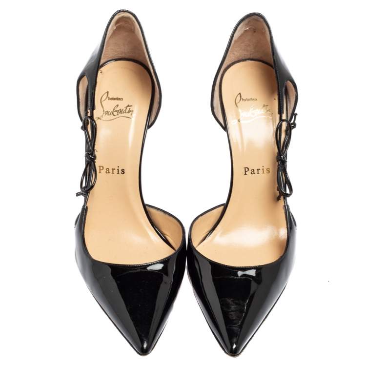 Pre Owned Christian Louboutin Black Patent Leather Bow D'orsay Pointed-Toe Pumps Size 37.5