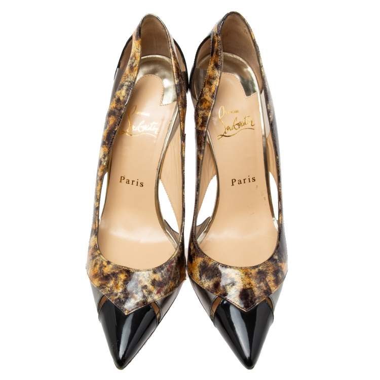 Pre Owned Christian Louboutin Black Patent Leather and PVC Galata Pumps Size 38.5
