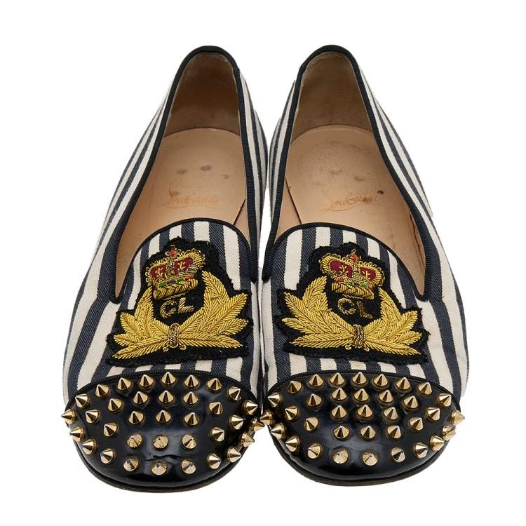 Pre Owned Christian Louboutin Multicolor Patent Leather And Canvas Havanana Spiked Smoking Slippers Size 40
