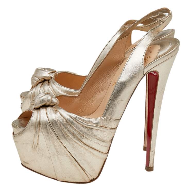 Pre Owned Christian Louboutin Gold Leather Jenny Knotted Platform Slingback Sandals Size 37