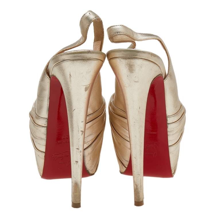 Pre Owned Christian Louboutin Gold Leather Jenny Knotted Platform Slingback Sandals Size 37