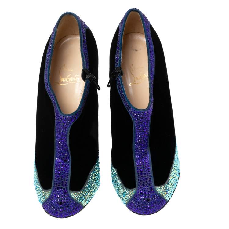 Pre Owned Christian Louboutin Tri-Color Velvet and Crystal Embellished Suede Wedge Boots Size 37.5