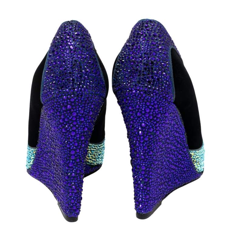 Pre Owned Christian Louboutin Tri-Color Velvet and Crystal Embellished Suede Wedge Boots Size 37.5