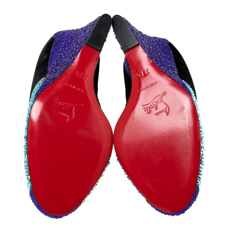 Pre Owned Christian Louboutin Tri-Color Velvet and Crystal Embellished Suede Wedge Boots Size 37.5