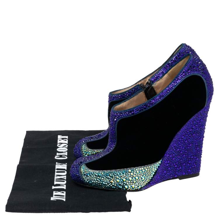 Pre Owned Christian Louboutin Tri-Color Velvet and Crystal Embellished Suede Wedge Boots Size 37.5