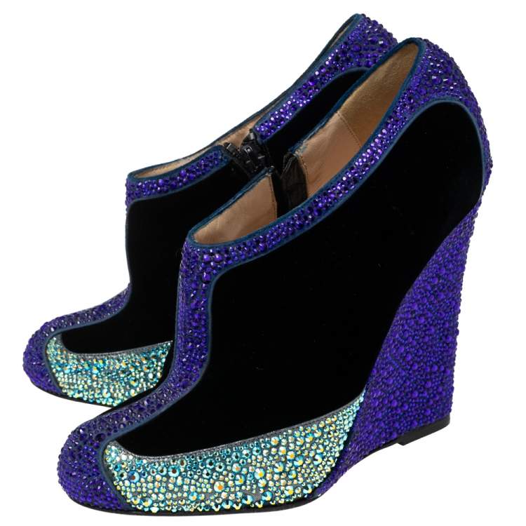 Pre Owned Christian Louboutin Tri-Color Velvet and Crystal Embellished Suede Wedge Boots Size 37.5