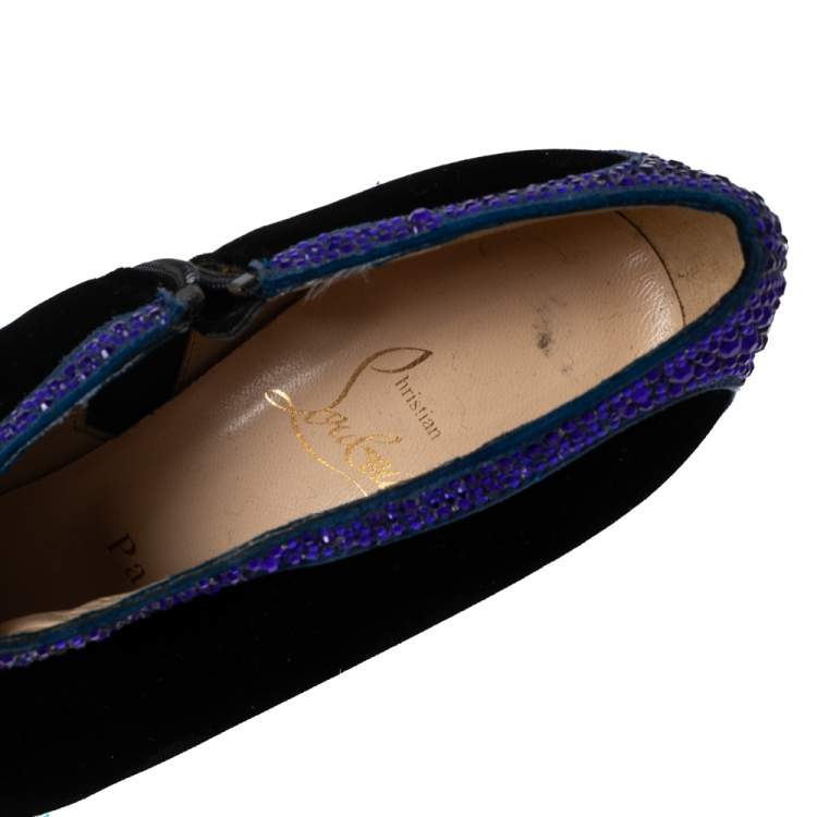 Pre Owned Christian Louboutin Tri-Color Velvet and Crystal Embellished Suede Wedge Boots Size 37.5