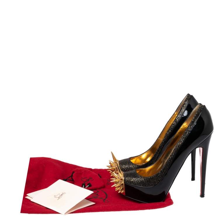 Pre Owned Christian Louboutin Black/Gold Patent Leather and Lurex Fabric Asteroid Spike Pumps Size 39.5