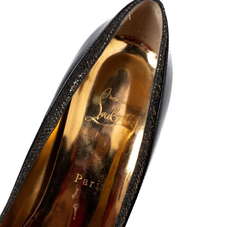 Pre Owned Christian Louboutin Black/Gold Patent Leather and Lurex Fabric Asteroid Spike Pumps Size 39.5
