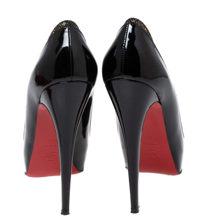 Pre Owned Christian Louboutin Black/Gold Patent Leather and Lurex Fabric Asteroid Spike Pumps Size 39.5