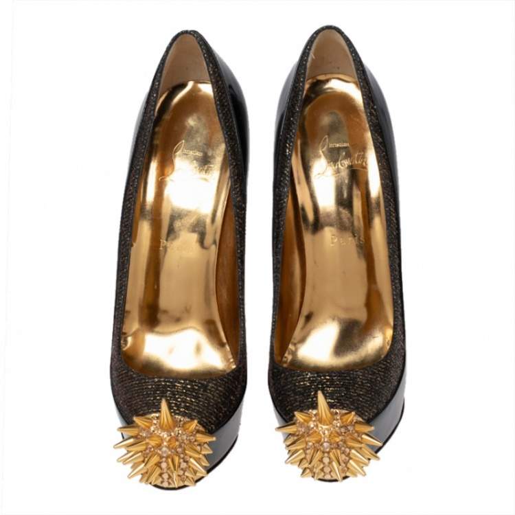 Pre Owned Christian Louboutin Black/Gold Patent Leather and Lurex Fabric Asteroid Spike Pumps Size 39.5
