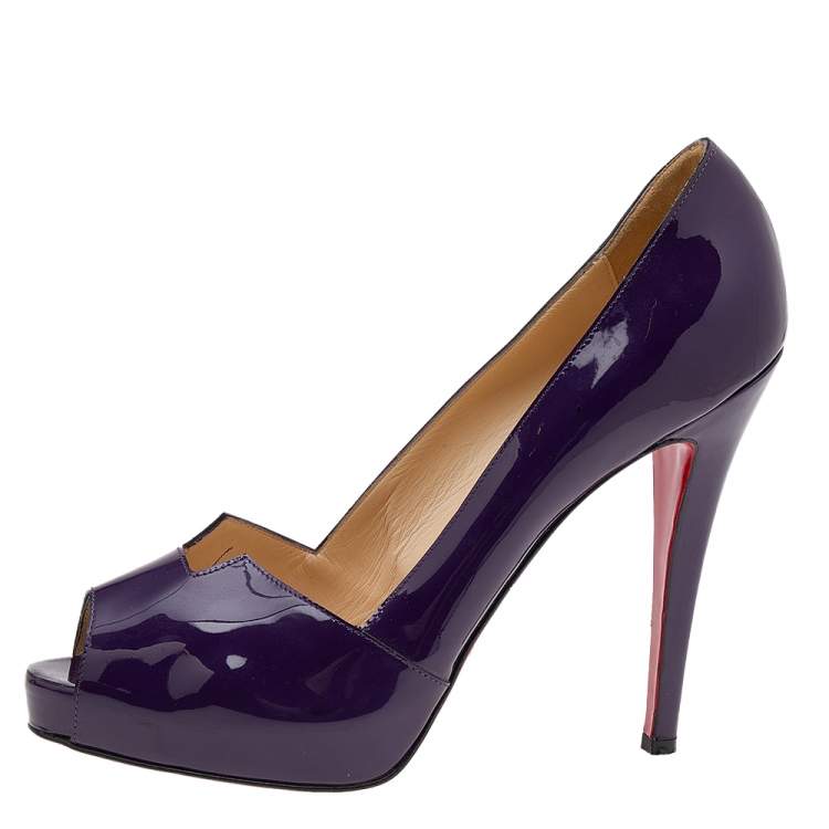 Pre Owned Christian Louboutin Purple Patent Leather Peep Toe Platform Pumps Size 39.5