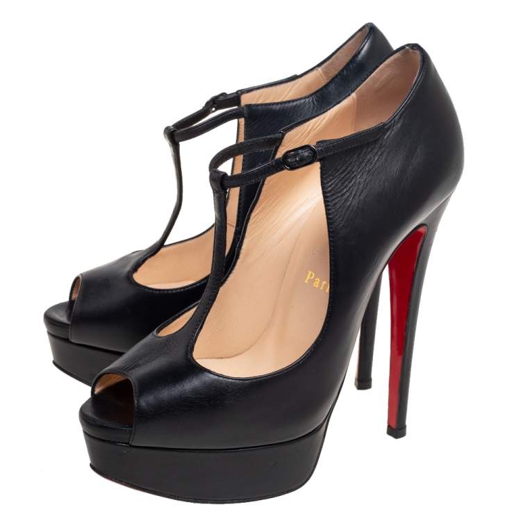Pre Owned Christian Louboutin Black Leather Jilopa T Strap Platform Pumps Size 36.5