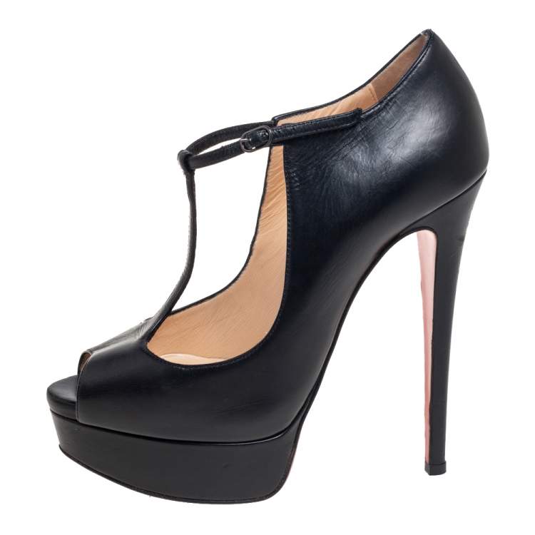 Pre Owned Christian Louboutin Black Leather Jilopa T Strap Platform Pumps Size 36.5