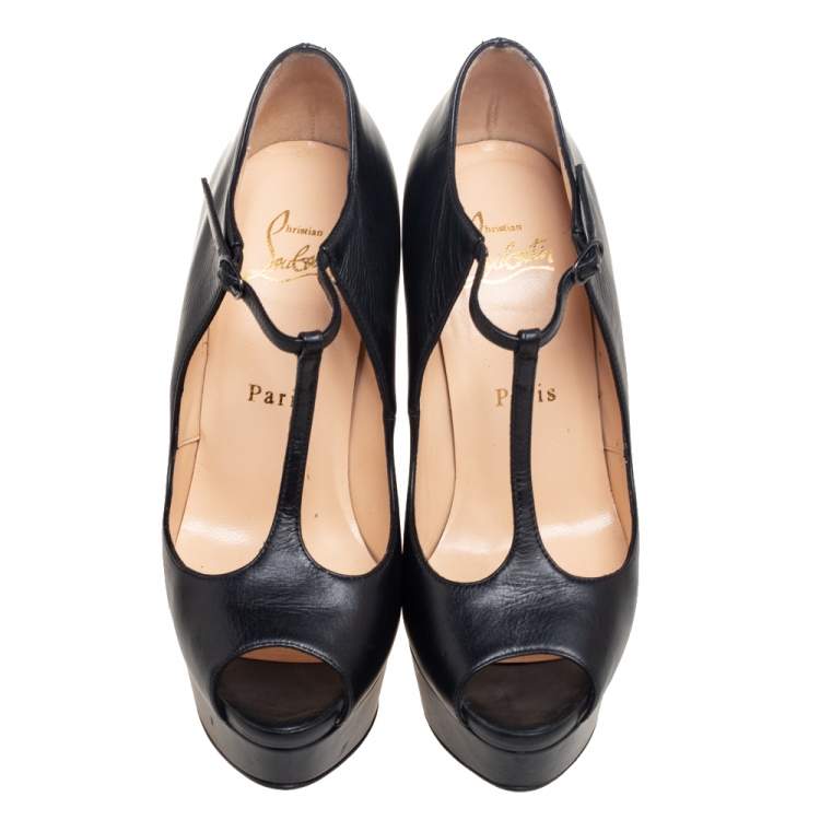 Pre Owned Christian Louboutin Black Leather Jilopa T Strap Platform Pumps Size 36.5