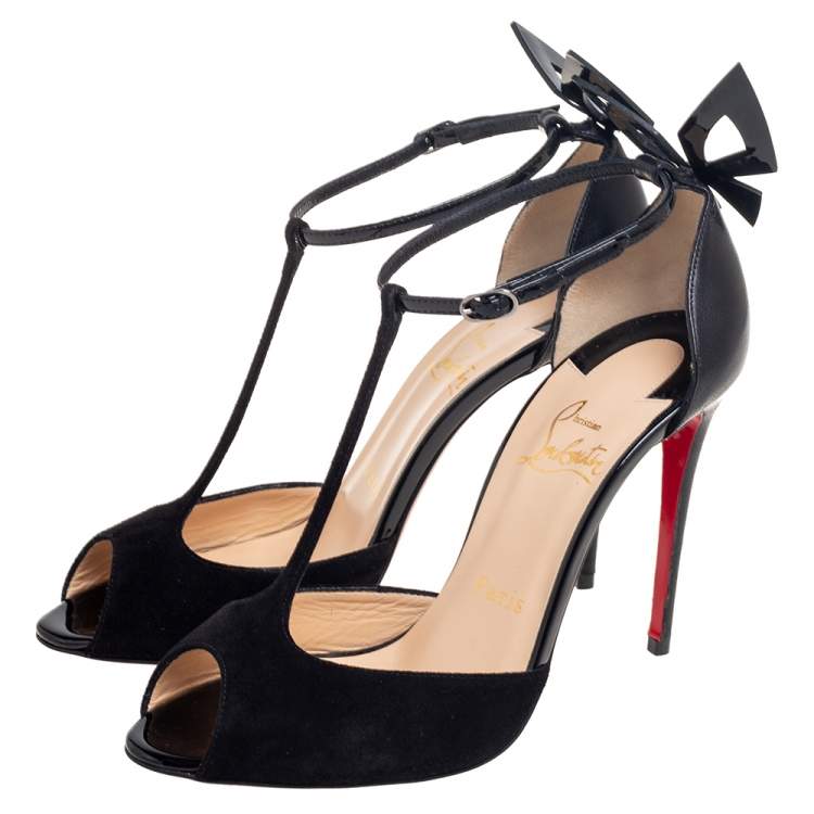 مملوكة مسبقًا Christian Louboutin Black Suede and Leather Aribak Bow T-bar Sandals Size 37