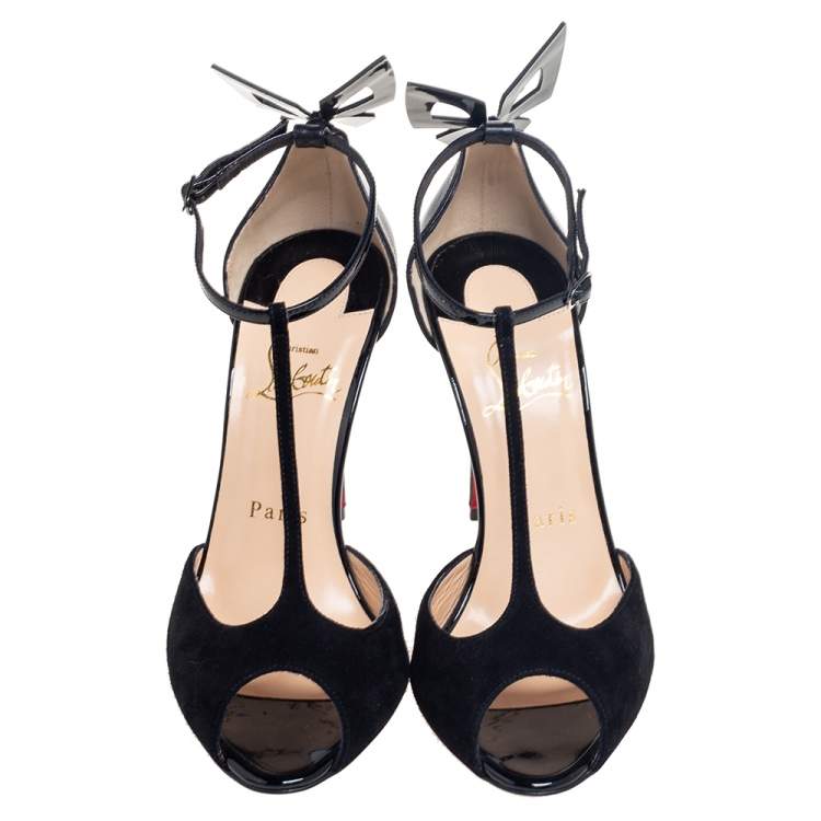 مملوكة مسبقًا Christian Louboutin Black Suede and Leather Aribak Bow T-bar Sandals Size 37