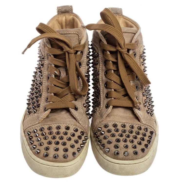 Pre Owned Christian Louboutin Beige Suede Louis Spikes High-Top Sneakers Size 38
