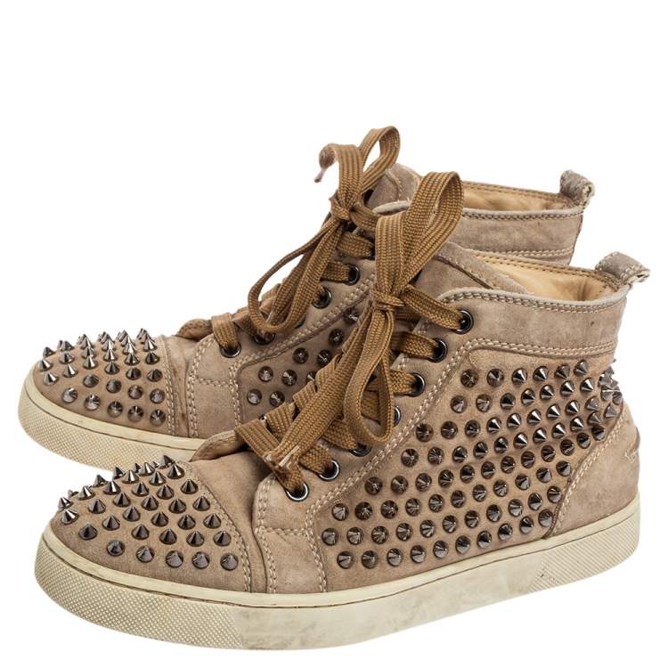 Pre Owned Christian Louboutin Beige Suede Louis Spikes High-Top Sneakers Size 38