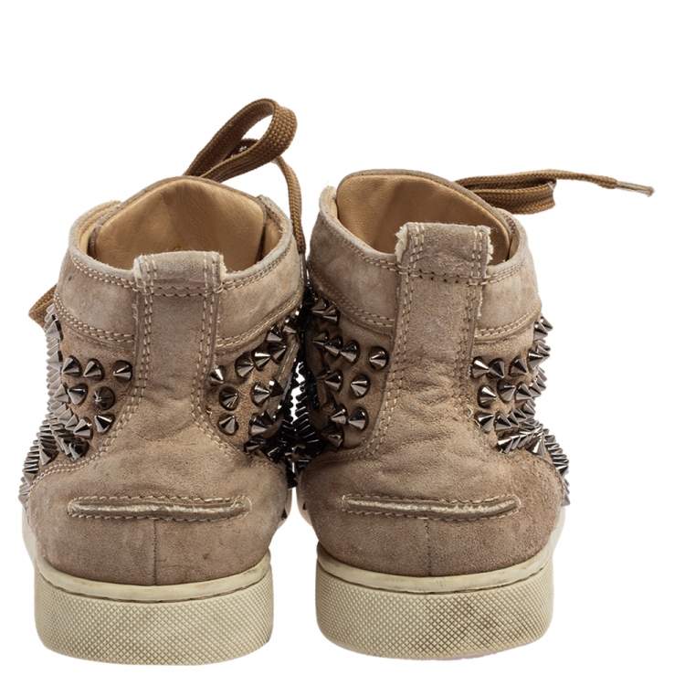 Pre Owned Christian Louboutin Beige Suede Louis Spikes High-Top Sneakers Size 38