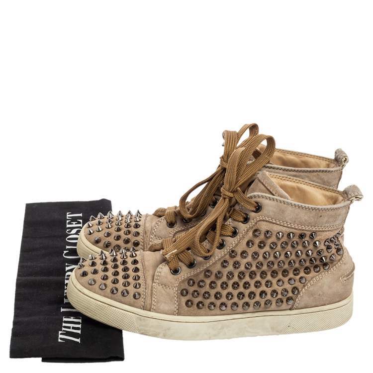 Pre Owned Christian Louboutin Beige Suede Louis Spikes High-Top Sneakers Size 38